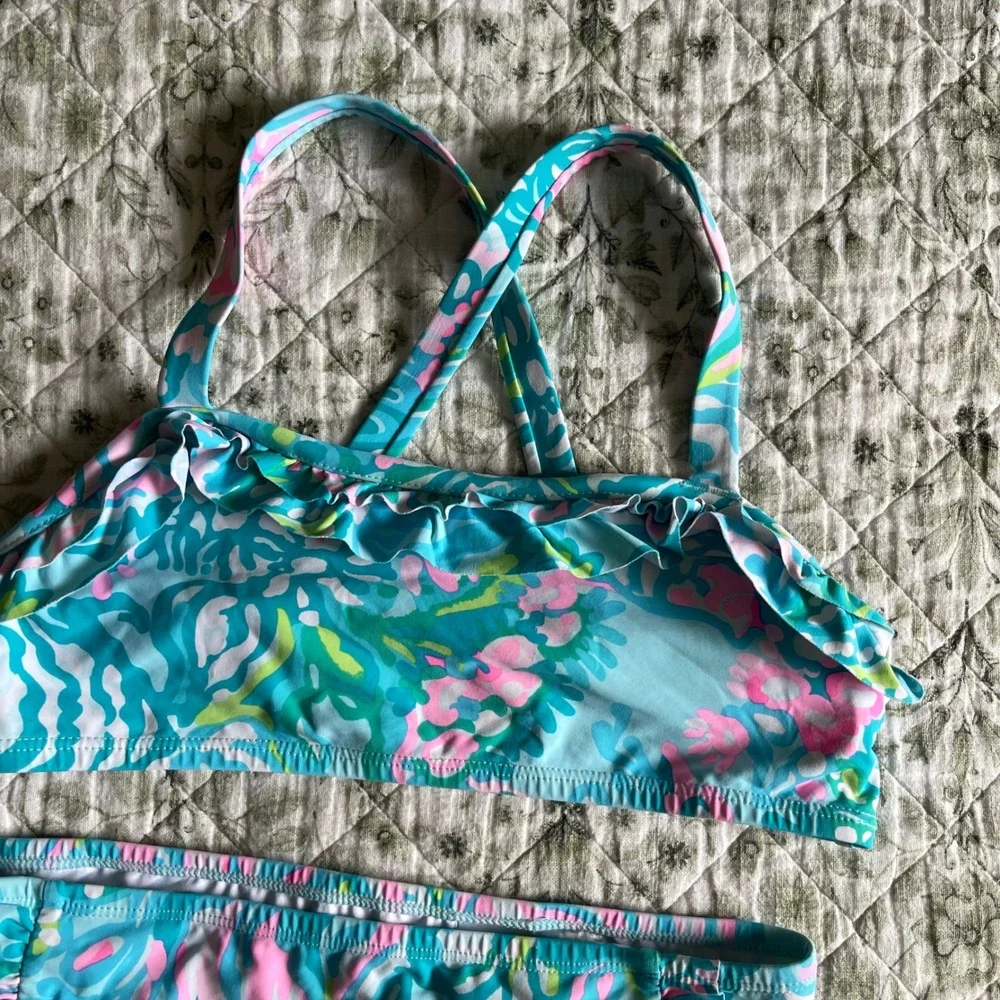 Lilly Pulitzer Girls Size 12 Blue Pink Tropical Floral Ruffle Bikini 2 Piece Set